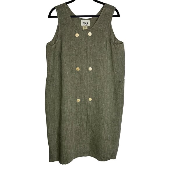 Vintage Flax By Angelheart Green 100% Linen Dress Lagenlook Relaxed Fit SzL - Picture 1 of 6